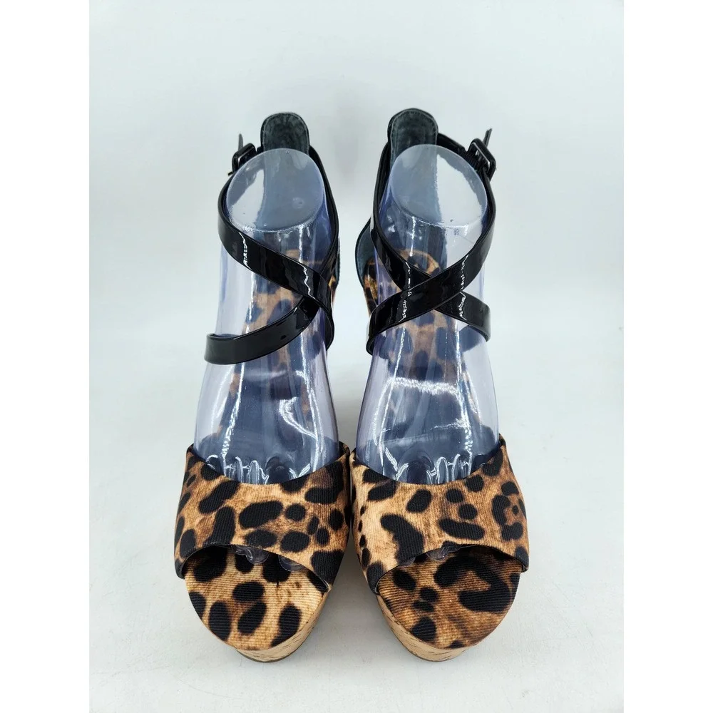 Guess Platform Wedge Sandals Womens 8M Brown Leopard Print Patent Cork Strappy